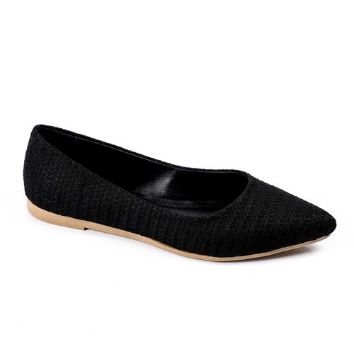 Fabric Textured Pointed Toe Flats – Black