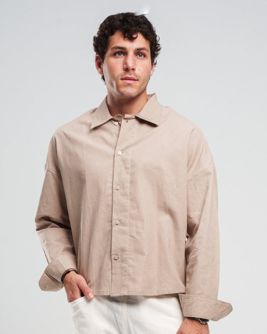 Linen Long-Sleeve Button-Up Shirt – Beige