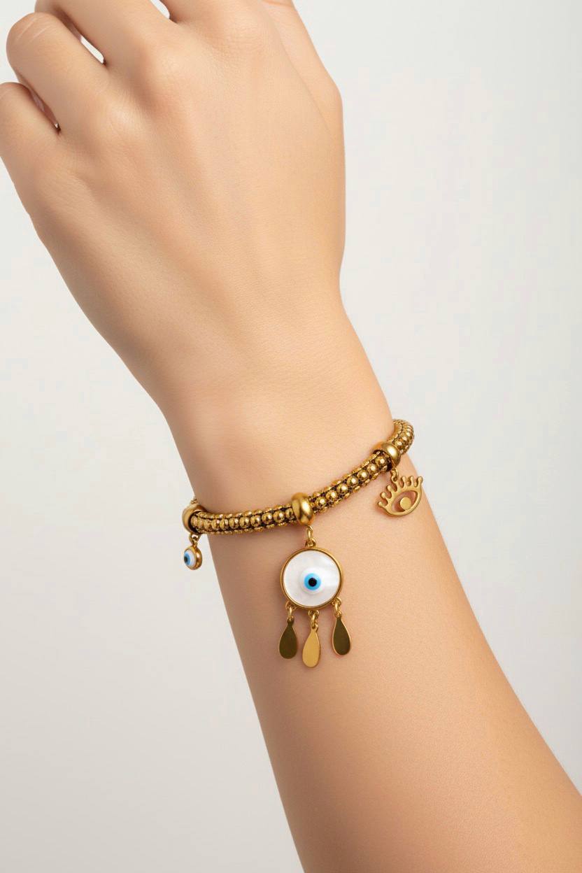 Stainless Steel Beaded Bracelet with Evil Eye Charms – Gold