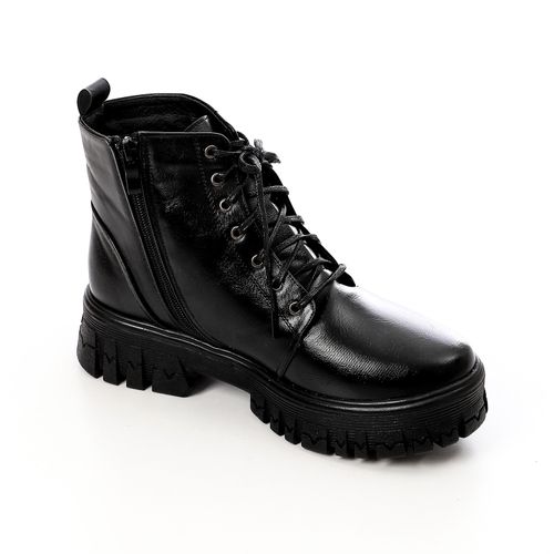 Faux Leather Chunky Lace-Up Ankle Boots – Black