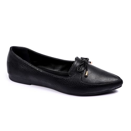 Faux Leather Textured Flats with Bow Detail – Black