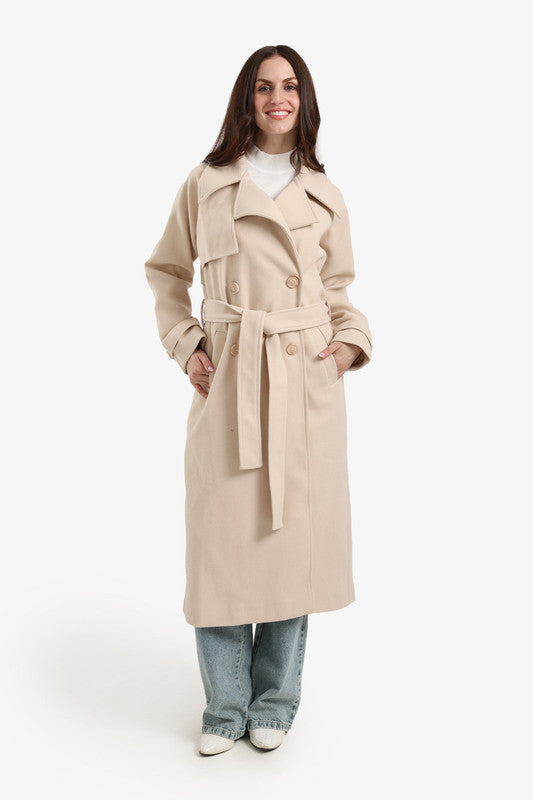 Double Breasted Wool Coat with Belt – Beige