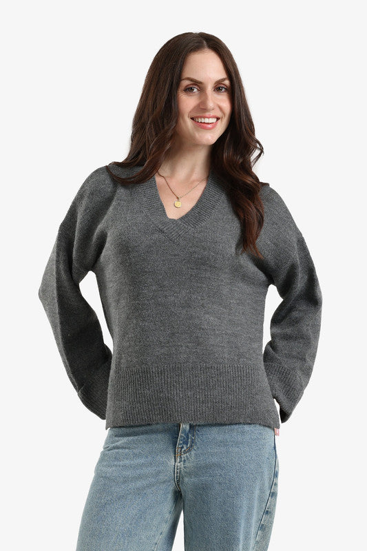 Plain High-Low Folded Hem Wool Pullover – Dark Grey