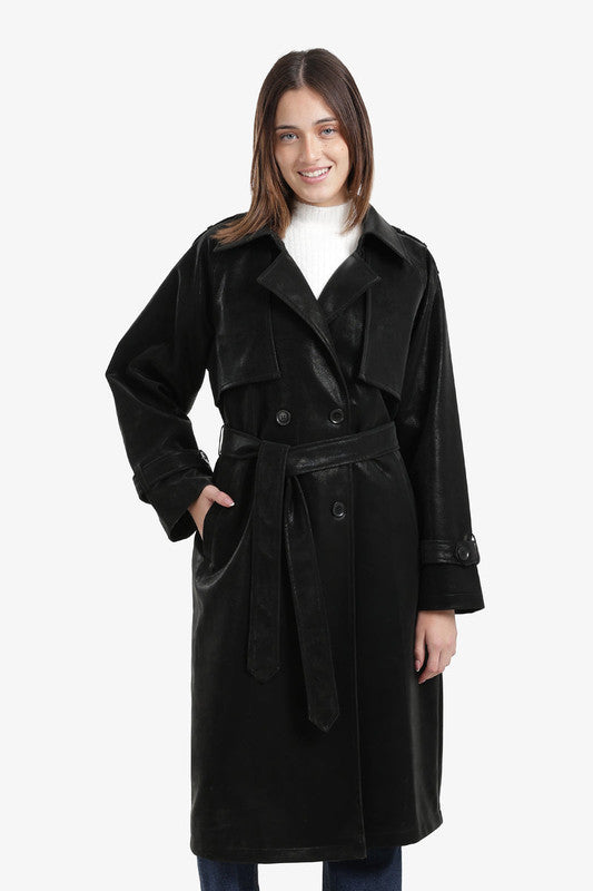 Plain Belted Leather Trench Coat – Black