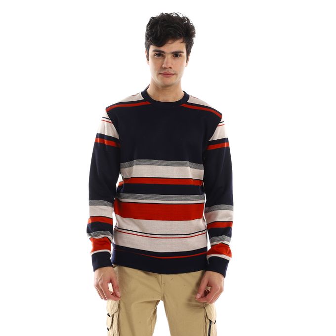 Striped Round Neck Fleece Sweatshirt