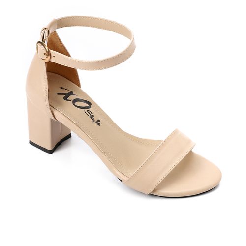 Faux Leather Strap Block Heel Sandals - Beige