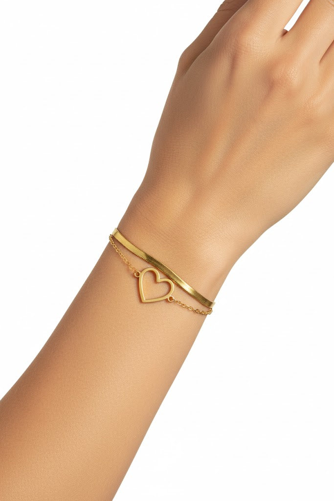 Stainless Steel Double Layer Open Heart Charm Bracelet – Gold