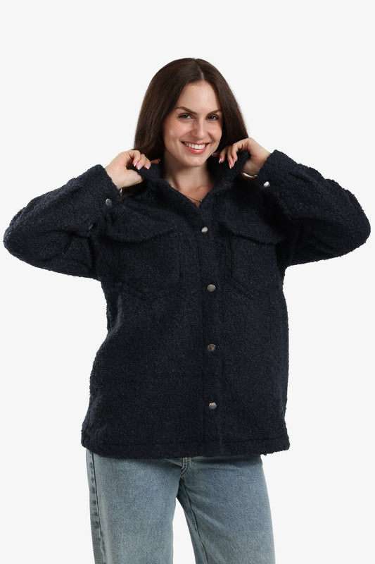 Plain Sherpa Overshirt Jacket – Navy