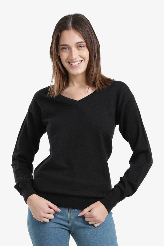 Solid V-Neck Knit Pullover – Black