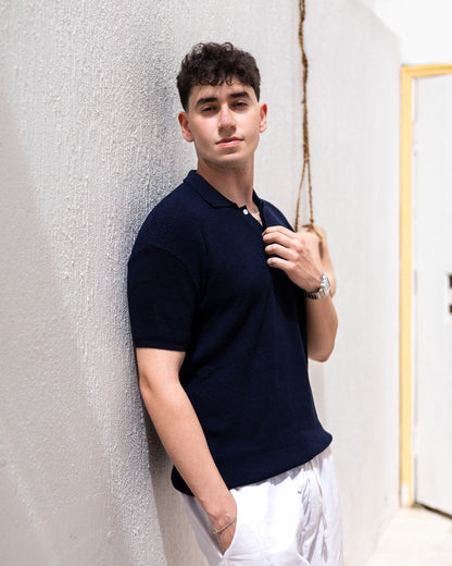 Knitted Polo T-Shirt - Navy Blue