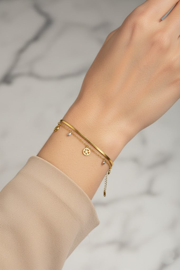 Stainless Steel Layered Snake Chain & Charm Bracelet – Gold