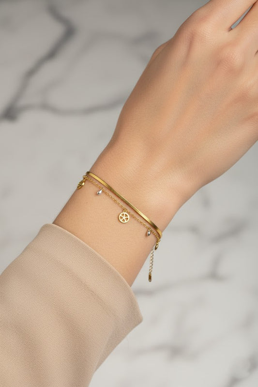Stainless Steel Layered Snake Chain & Charm Bracelet – Gold