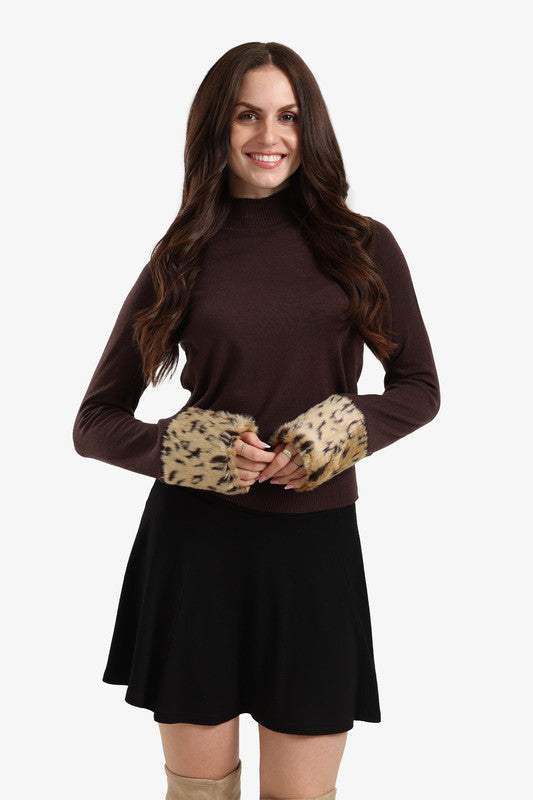 Plain Faux Fur Cuff Wool Pullover – Brown