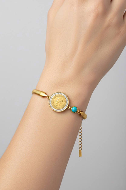 Stainless Steel Engraved Medallion Crystal & Turquoise Bracelet – Gold