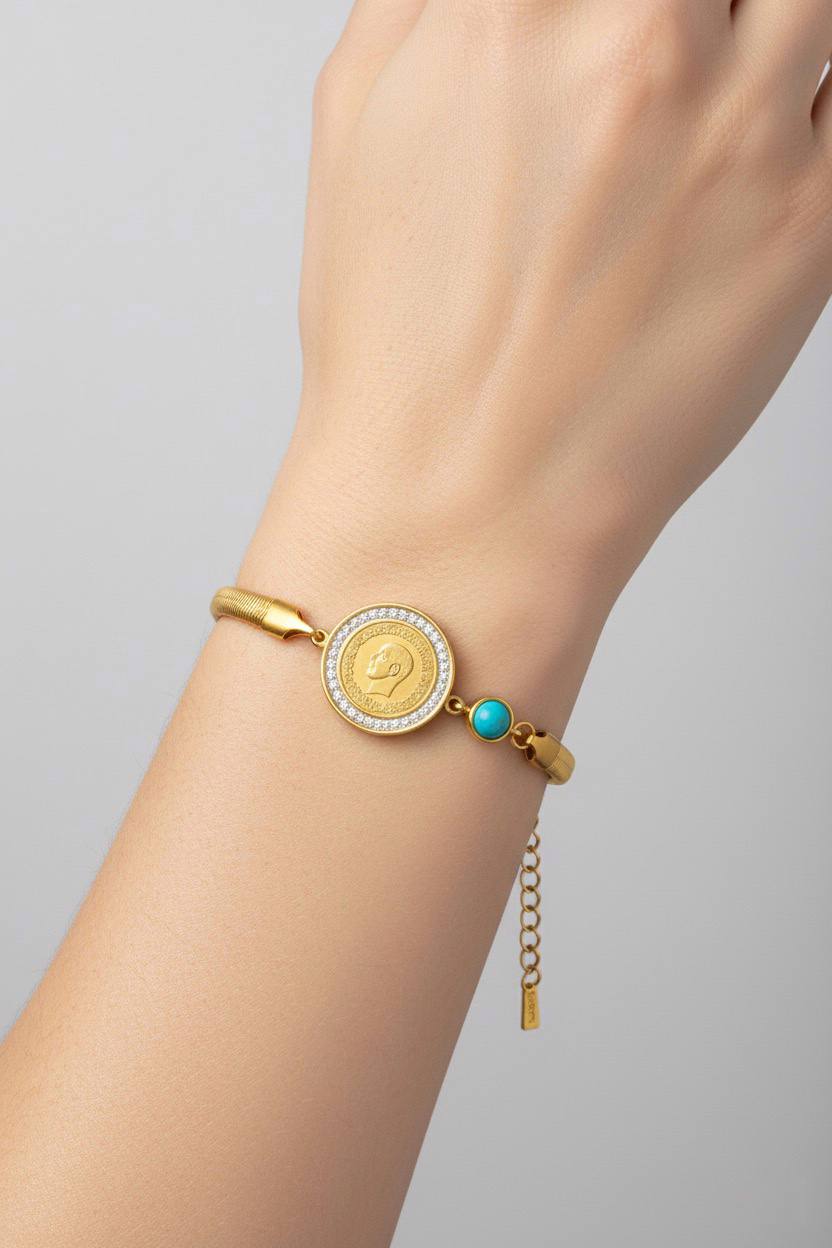 Stainless Steel Engraved Medallion Crystal & Turquoise Bracelet – Gold