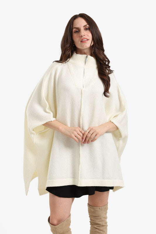 Plain Zip Neck Oversized Poncho Sweater – Off White