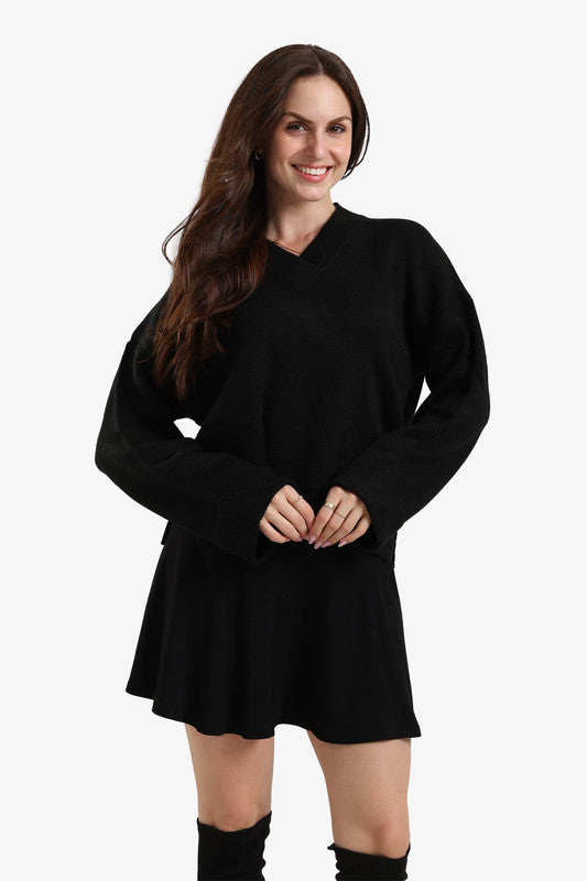 Plain High-Low Folded Hem Wool Pullover – Black