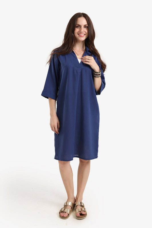 Solid Collared V-Neck Dress – Navy