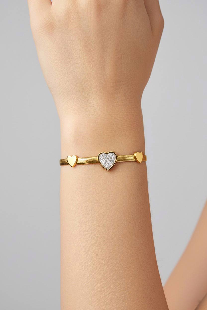Stainless Steel Crystal Heart Bracelet – Gold