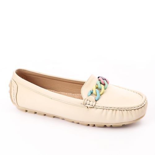Faux Leather Loafers with Multicolor Chain – Beige