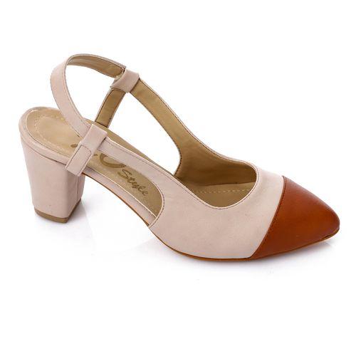 Faux Leather Bi-Tone Heeled Shoes - Beige