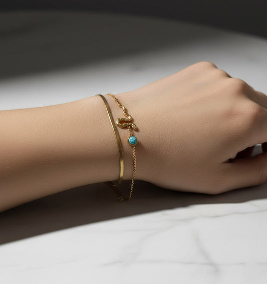 Stainless Steel Snake Design Bracelet with Turquoise Bead – Gold