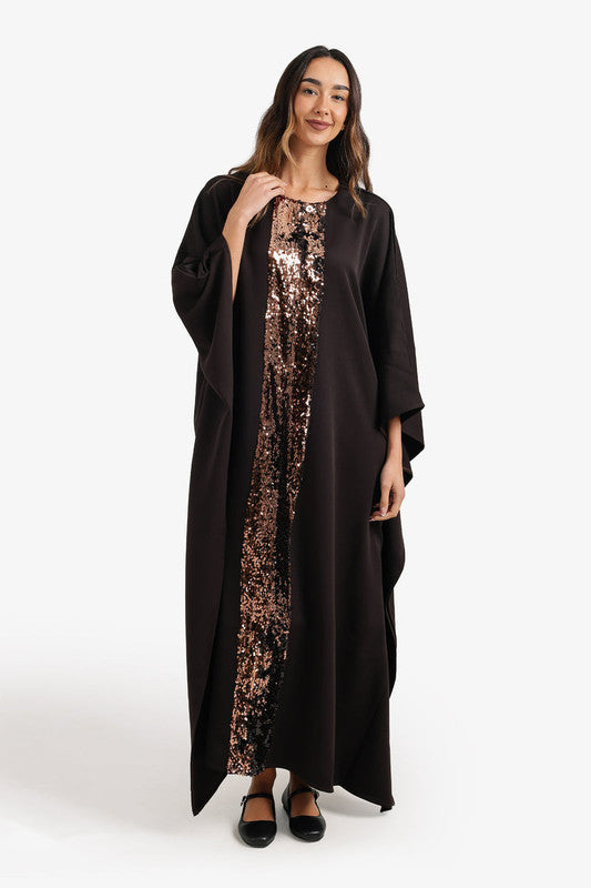 Shimmering Neckline Abaya - Dark Brown