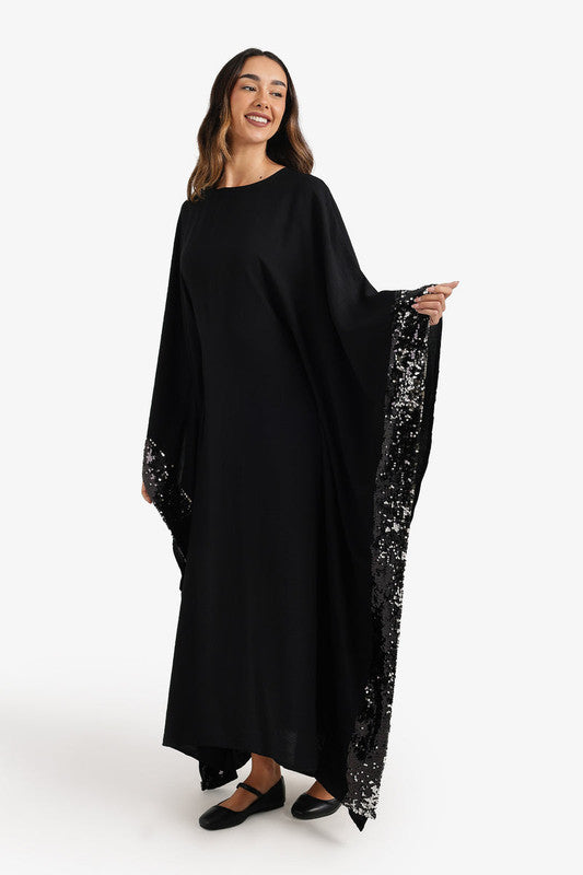 Sequin-Trimmed Abaya – Black