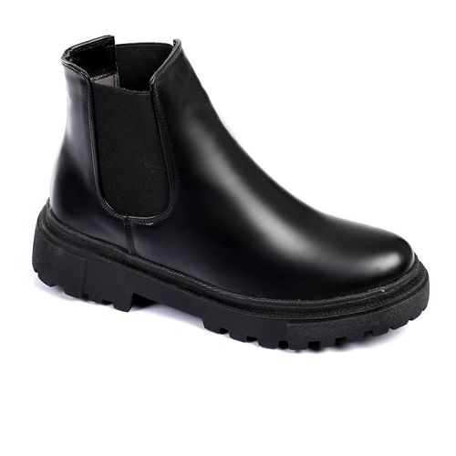 Faux Leather Plain Ankle Boots - Black