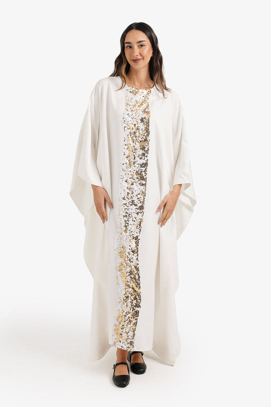Shimmering Neckline Abaya - Off White