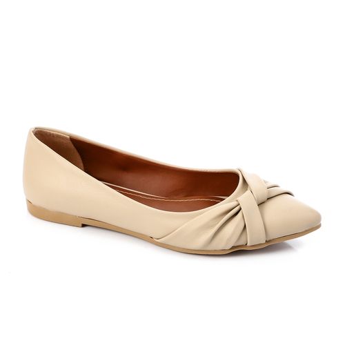 Faux Leather Flats with Bow Accent – Beige