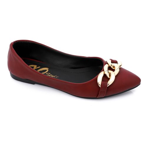 Faux Leather Chain Detail Ballerina - Burgundy