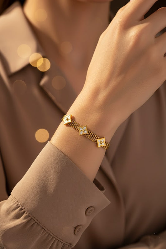 Stainless Steel Star Charm Crystal Bracelet – Gold