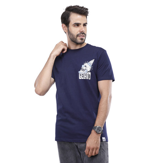 Navy - Graphic Printed Tee With Round Neck