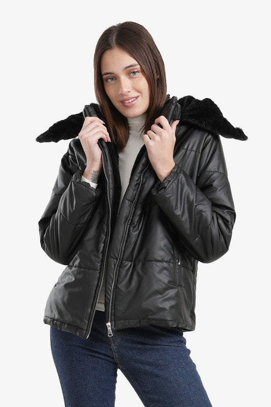Solid Hooded Zip-Up Puffer Jacket – Black