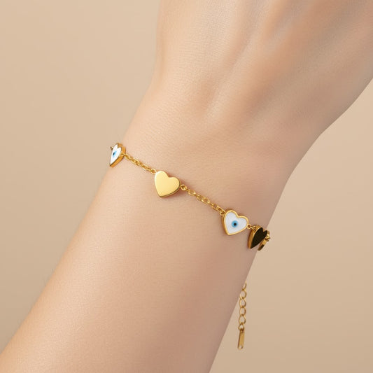 Stainless Steel Hearts & Blue Evil Eye Bracelet – Gold