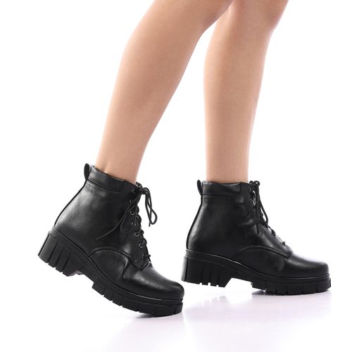 Faux Leather Lace-Up Ankle Boots – Black