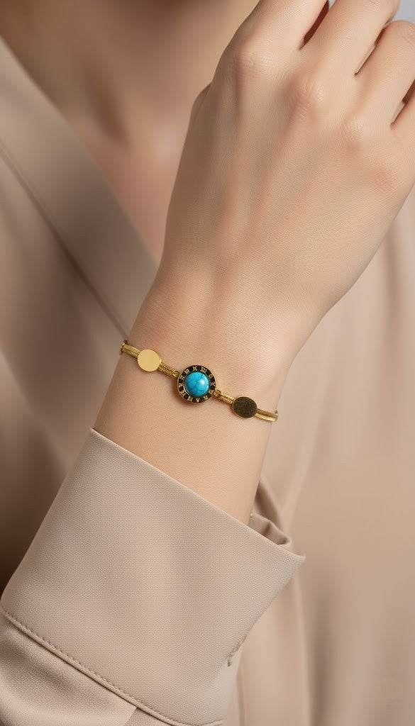 Stainless Steel Turquoise Stone Watch Charm Bracelet – Gold