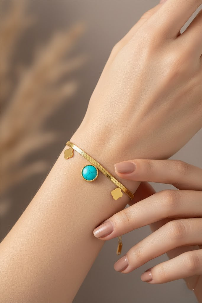 Stainless Steel Flat Chain Bracelet with Clover Charms & Turquoise Stone – Gold