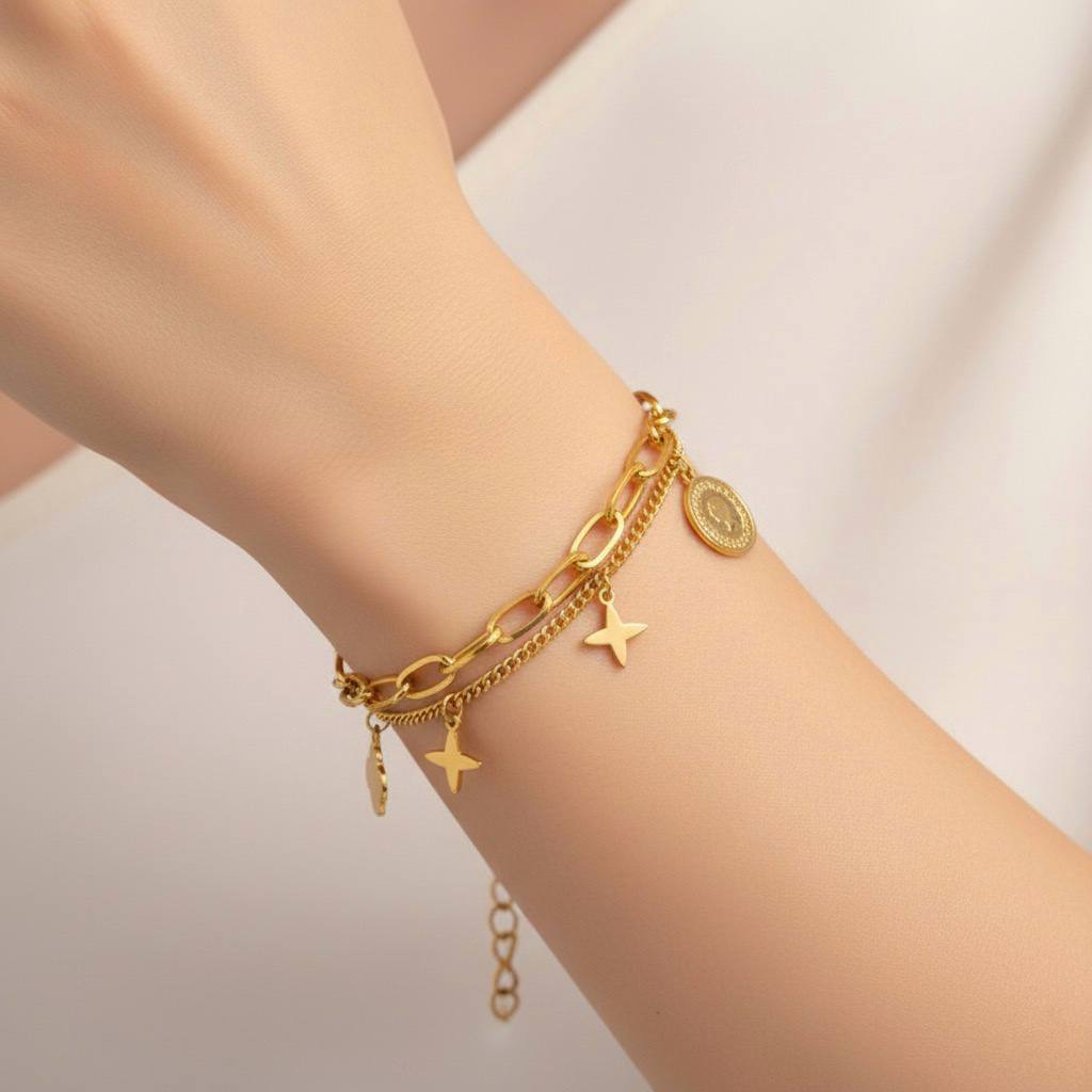 Stainless Steel Double Layer Star & Coin Charm Bracelet – Gold