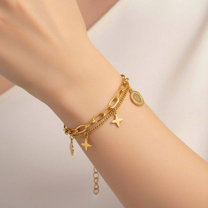 Stainless Steel Double Layer Star & Coin Charm Bracelet – Gold