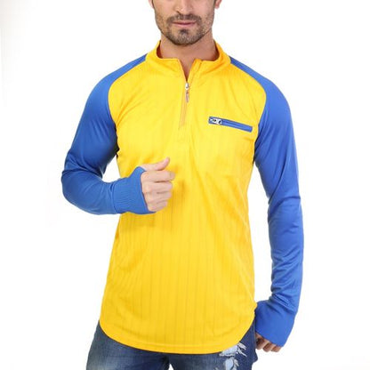 Bi-Toned Sportive Quarter Zipper Shirt- Striped Yallow*Blue