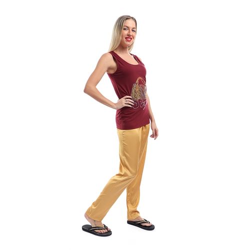 Satin Solid Homewear Set – Maroon & Gold