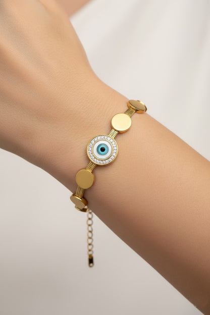 Stainless Steel Evil Eye & Crystal Bracelet – Gold
