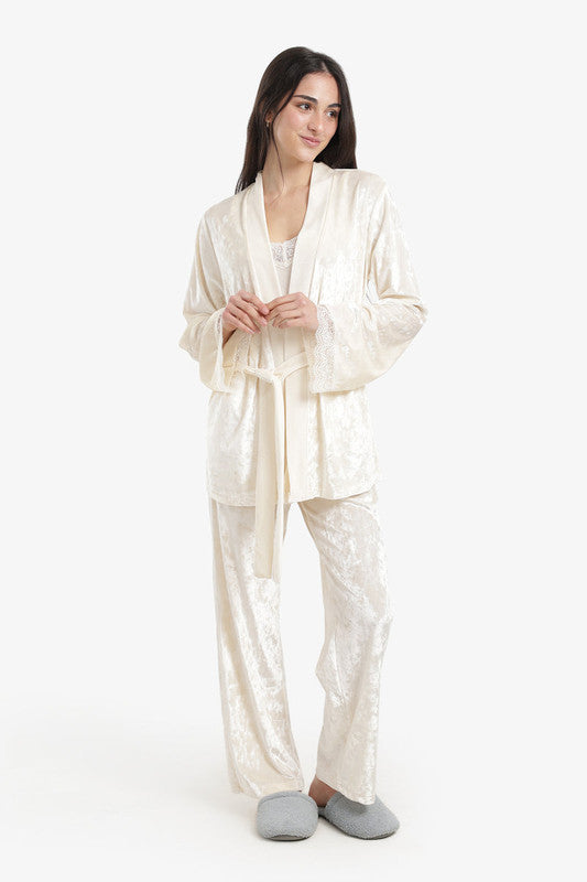Printed Velvet 3-Piece Pajama Set – Off White
