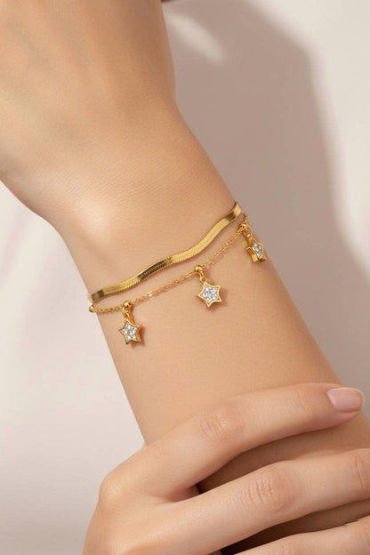 Stainless Steel Double Layer Crystal Star Charm Bracelet – Gold
