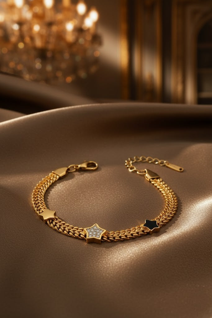 Stainless Steel Double Chain Star Charm Bracelet – Gold