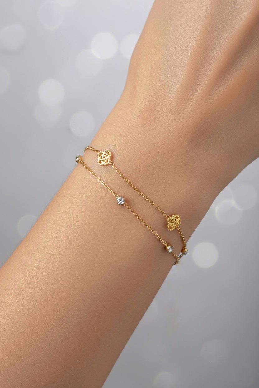 Stainless Steel Layered Floral Crystal Bracelet – Gold