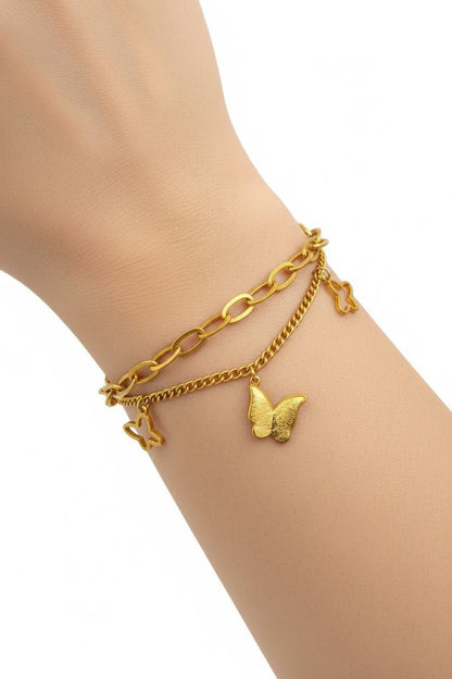 Stainless Steel Double Layer Butterfly Charm Bracelet – Gold