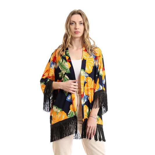 Floral Decorated Fringes Open Neckline Cardigan